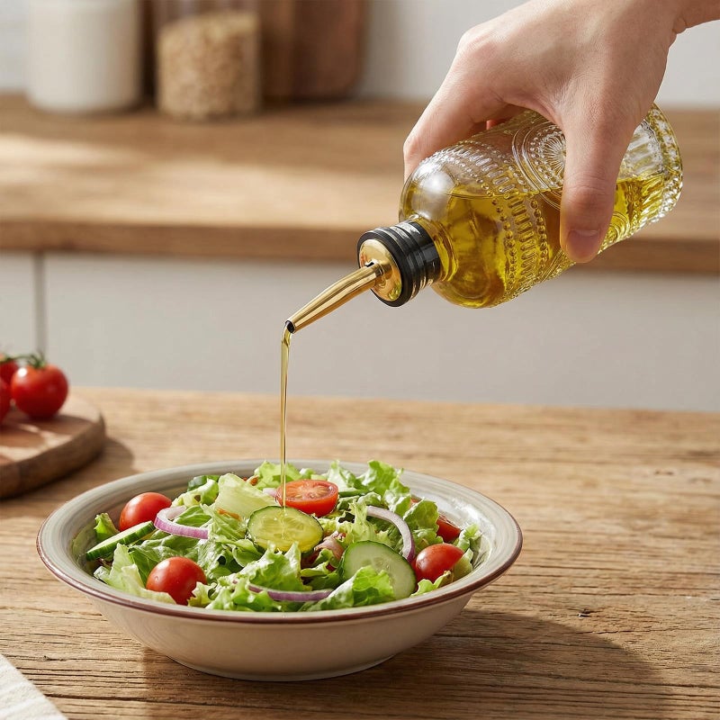 Kingrol Embossed Glass Olive Oil Dispenser Set - 6 Pack 7 oz Clear Bottles with Non-Drip Pour Spouts, Labels & Funnel for Oil, Vinegar & Dressing Organization - Image 5