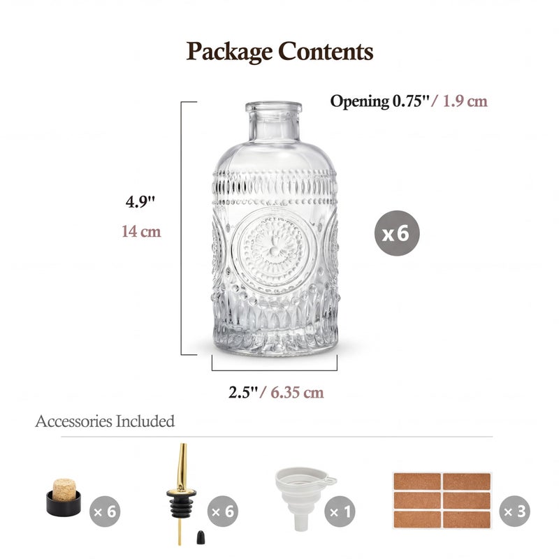 Kingrol Embossed Glass Olive Oil Dispenser Set - 6 Pack 7 oz Clear Bottles with Non-Drip Pour Spouts, Labels & Funnel for Oil, Vinegar & Dressing Organization - Image 3