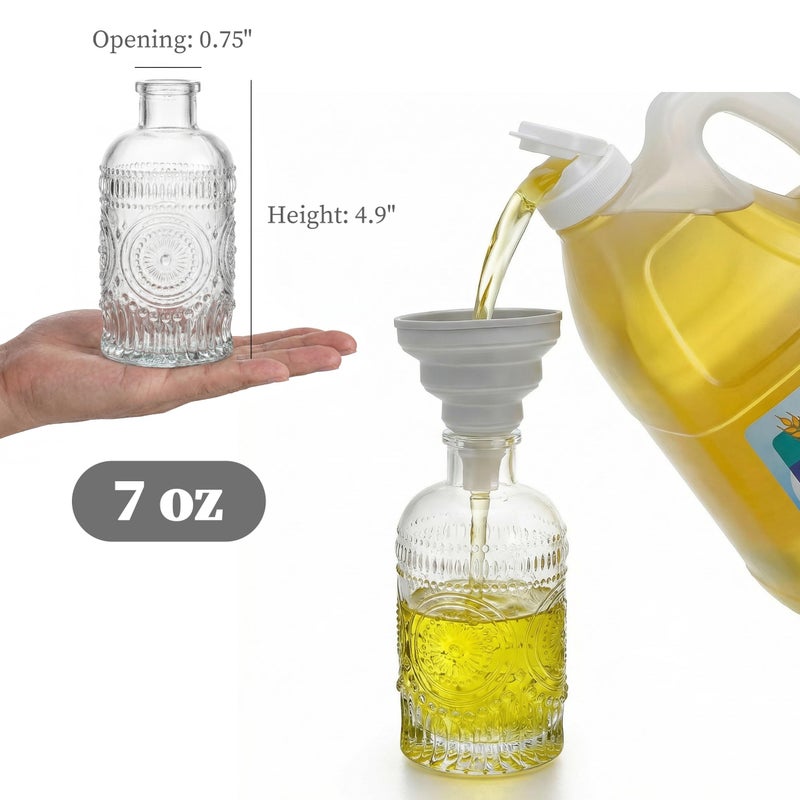 Kingrol Embossed Glass Olive Oil Dispenser Set - 6 Pack 7 oz Clear Bottles with Non-Drip Pour Spouts, Labels & Funnel for Oil, Vinegar & Dressing Organization - Image 4