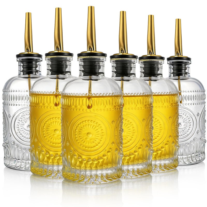 Kingrol Embossed Glass Olive Oil Dispenser Set - 6 Pack 7 oz Clear Bottles with Non-Drip Pour Spouts, Labels & Funnel for Oil, Vinegar & Dressing Organization - Image 2