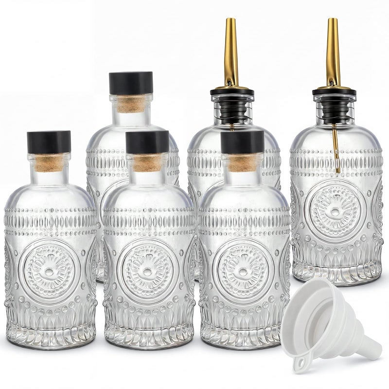 Kingrol Embossed Glass Olive Oil Dispenser Set - 6 Pack 7 oz Clear Bottles with Non-Drip Pour Spouts, Labels & Funnel for Oil, Vinegar & Dressing Organization - Image 1