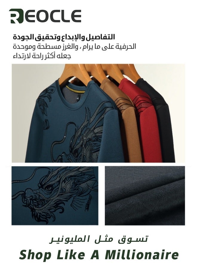 REOCLE Men's Fall Winter Printed Shiny Causal Pulls Without Hoodie Round Neck Shirt Warm Black  - Image 2