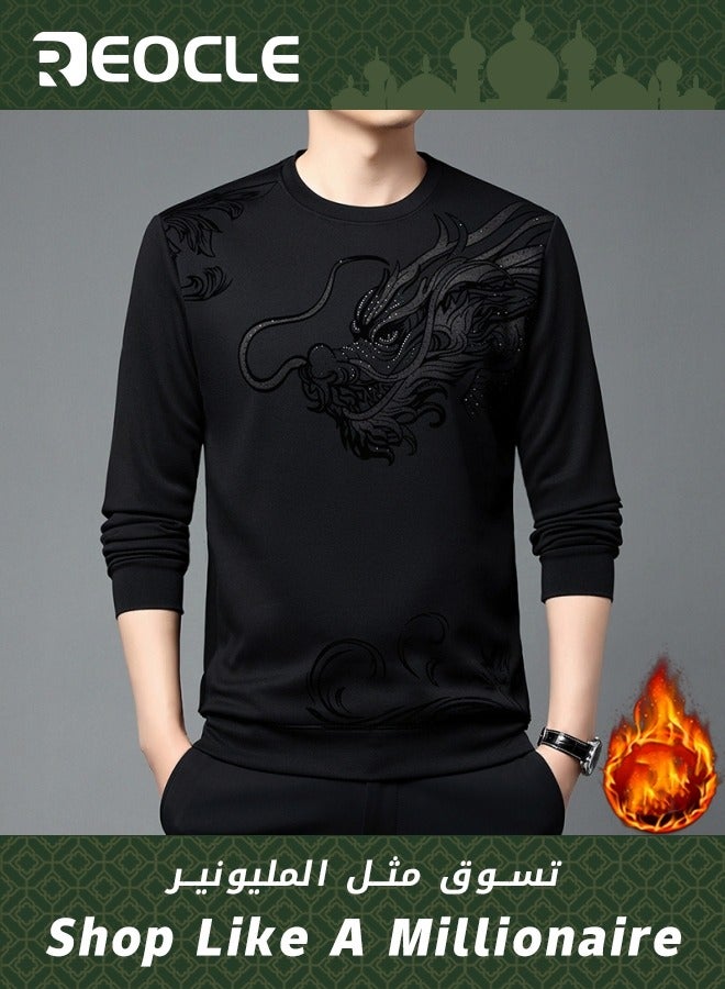 REOCLE Men's Fall Winter Printed Shiny Causal Pulls Without Hoodie Round Neck Shirt Warm Black  - Image 1