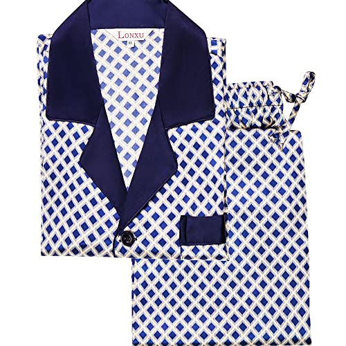 Lonxu Pajamas Set Mens Silk Satin Pajamas Long Sleeve Loungewear Two-Piece Sleepwear Button-Down Pj Set S-XXXXL (Blue Dot, 4XL) - Image 3