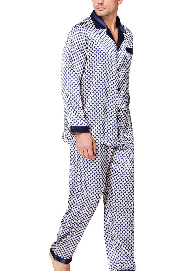 Lonxu Pajamas Set Mens Silk Satin Pajamas Long Sleeve Loungewear Two-Piece Sleepwear Button-Down Pj Set S-XXXXL (Blue Dot, 4XL) - Image 1