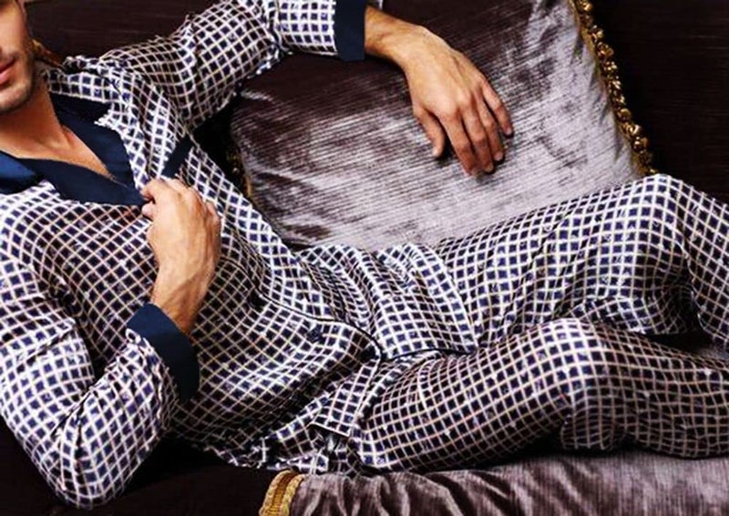 Lonxu Pajamas Set Mens Silk Satin Pajamas Long Sleeve Loungewear Two-Piece Sleepwear Button-Down Pj Set S-XXXXL (Blue Dot, 4XL) - Image 2