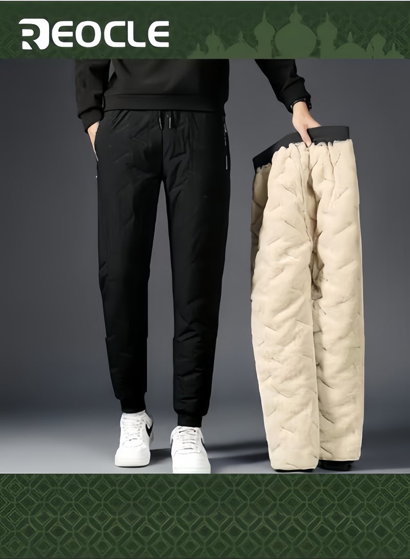 REOCLE Winter Snow Pants Fleece-Lined Pants Waterproof Winter Warm Trousers Windproof Casual Loose-Fit Plus Size Thick Pants for Men and Women Black  - Image 1