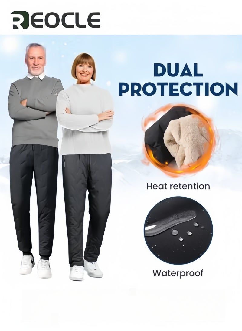 REOCLE Winter Snow Pants Fleece-Lined Pants Waterproof Winter Warm Trousers Windproof Casual Loose-Fit Plus Size Thick Pants for Men and Women Black  - Image 2