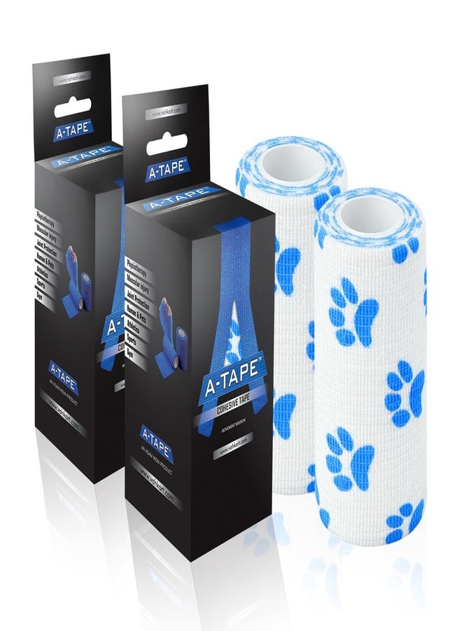 A-Tape Breathable Self Adhesive Cohesive Bandage Wrap - Athletic Non-Woven for Sports, Medical Use, Injuries, Knee & Wrist Support - Suitable for Humans & Pets (Printed) (White Paw, 10cm Pack Of 2)