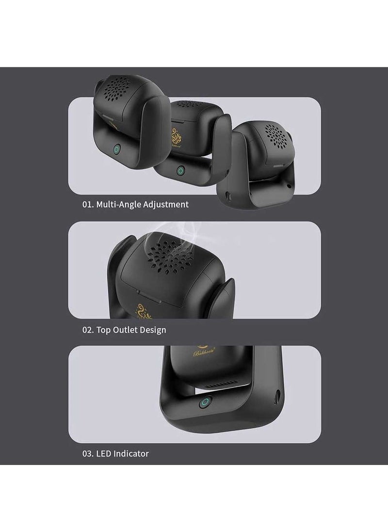 Bukhoon موقد بخور دوار حديث – X015 موقد بخور محمول قابل لإعادة الشحن ببطارية 1500 مللي أمبير، شحن سريع من نوع C، مؤشر LED، دوران 90° وتسخين سريع خلال دقيقتين – استخدام أنيق في المنزل، السيارة، والسفر - Image 3