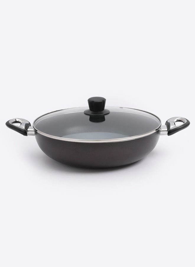 Badraig Non-Stick Wok Pan With Lid Brown/Black/Clear 24 | 26 | 28 | 30 | 32 cm - Image 1