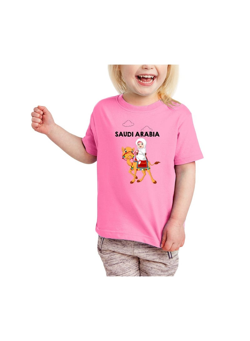 Saudi Arabia-Themed Girls Souvenir T-Shirt for Kids - Short Sleeve Round Neck Cotton Tshirt - Saudi Design with Camel - Ideal for School, Playtime - Image 1