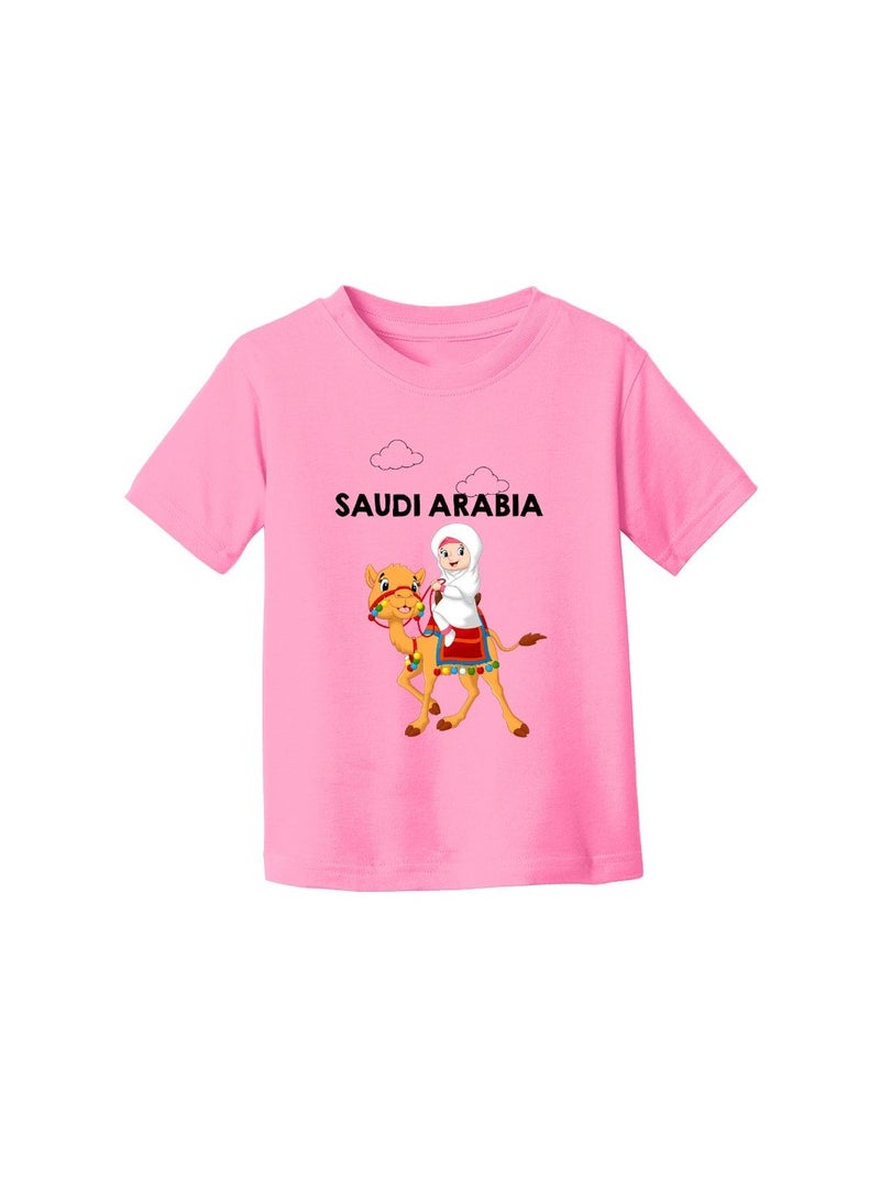 Saudi Arabia-Themed Girls Souvenir T-Shirt for Kids - Short Sleeve Round Neck Cotton Tshirt - Saudi Design with Camel - Ideal for School, Playtime - Image 3