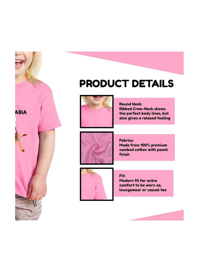 Saudi Arabia-Themed Girls Souvenir T-Shirt for Kids - Short Sleeve Round Neck Cotton Tshirt - Saudi Design with Camel - Ideal for School, Playtime - Image 5