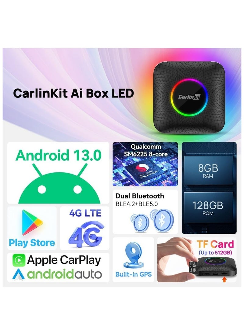 Carlinkit - Carlinkit Newest Android 13.0 Ai Box LED, 8+128GB with Qualcomm 8-cores, 3-in-1 Wireless CarPlay/Android Auto Comes with Play Store, Streaming Video, Only for The Vehicle with Wired CarPlay - Image 1