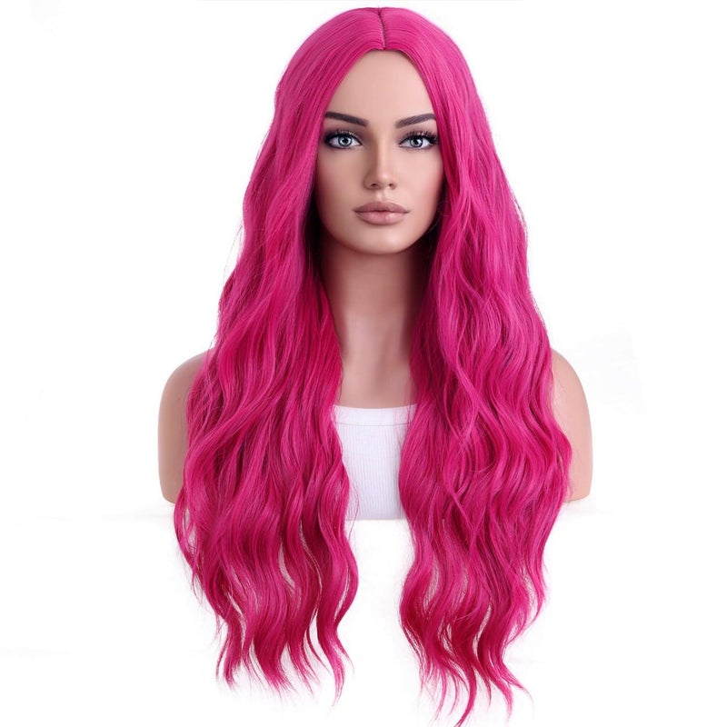 BERON Hot Pink Wigs Long Wavy Wig for Women Curly Heat Resistant Hair Wigs Halloween Cosplay Party with Wig Cap - Image 2
