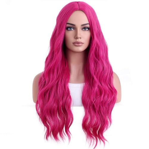 BERON Hot Pink Wigs Long Wavy Wig for Women Curly Heat Resistant Hair Wigs Halloween Cosplay Party with Wig Cap - Image 1