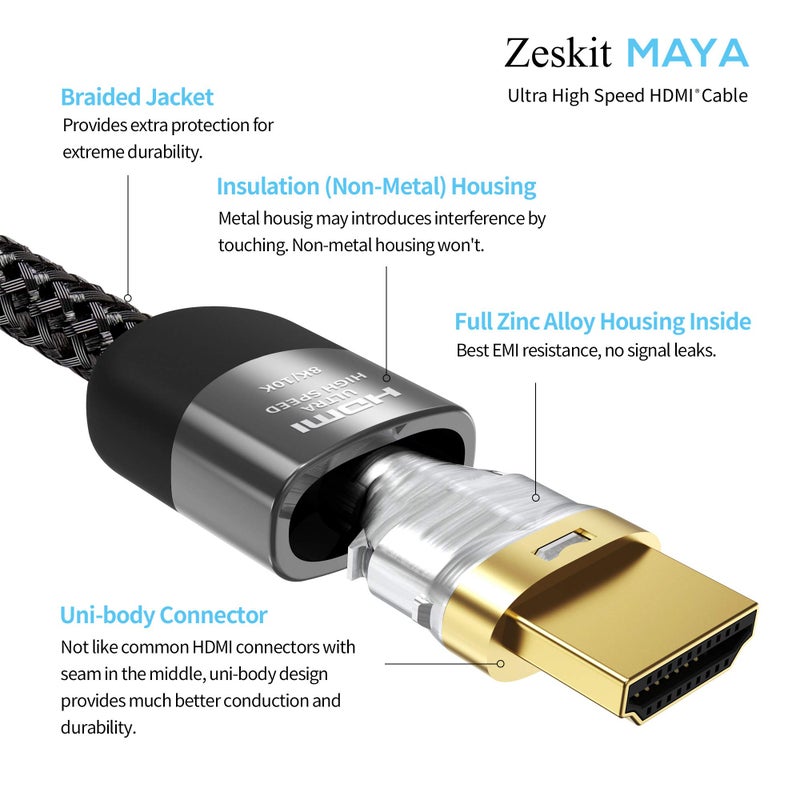 Zeskit Certified 2.1 8K HDMI Cable 48Gbps 4K120Hz Compatible with Soundbar eARC HDR10 VRR Dolby Vision Atmos HDCP 2.2 & 2.3 Gaming PS5 Xbox Series X Apple TV Roku Monitor (Ultra High Speed, Maya 3ft) - Image 4
