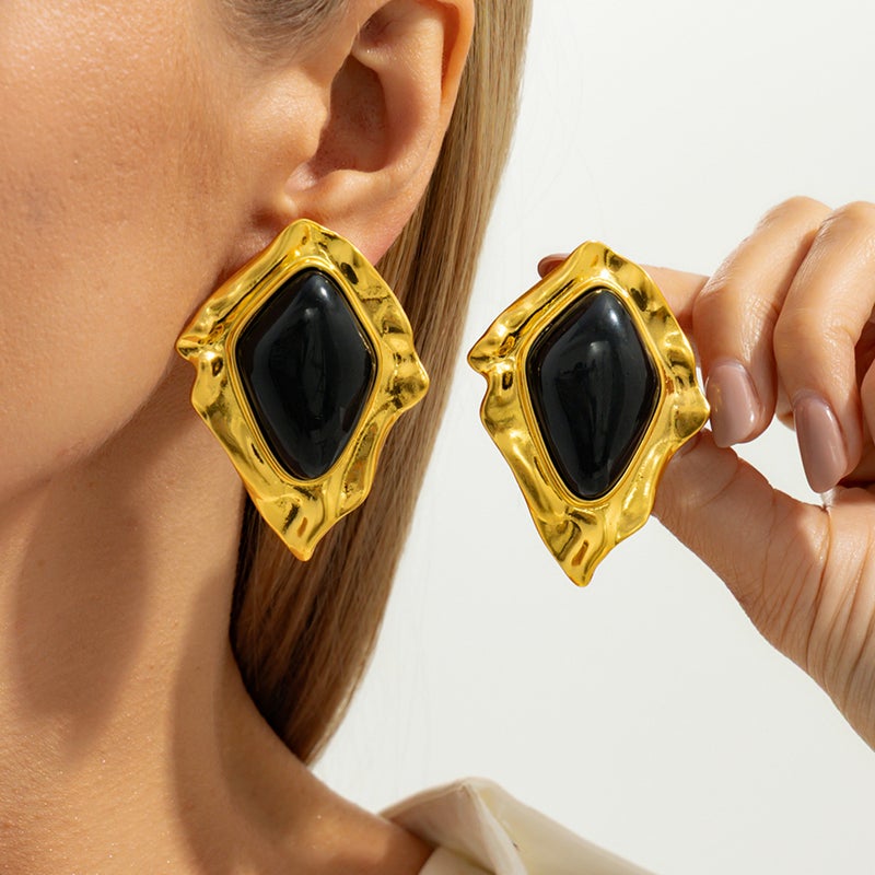 SHIXIN European and American Cross-Border Jewelry: Minimalist Retro Gemstone Pendant Earrings with Geometric Folded Alloy Design - Image 2