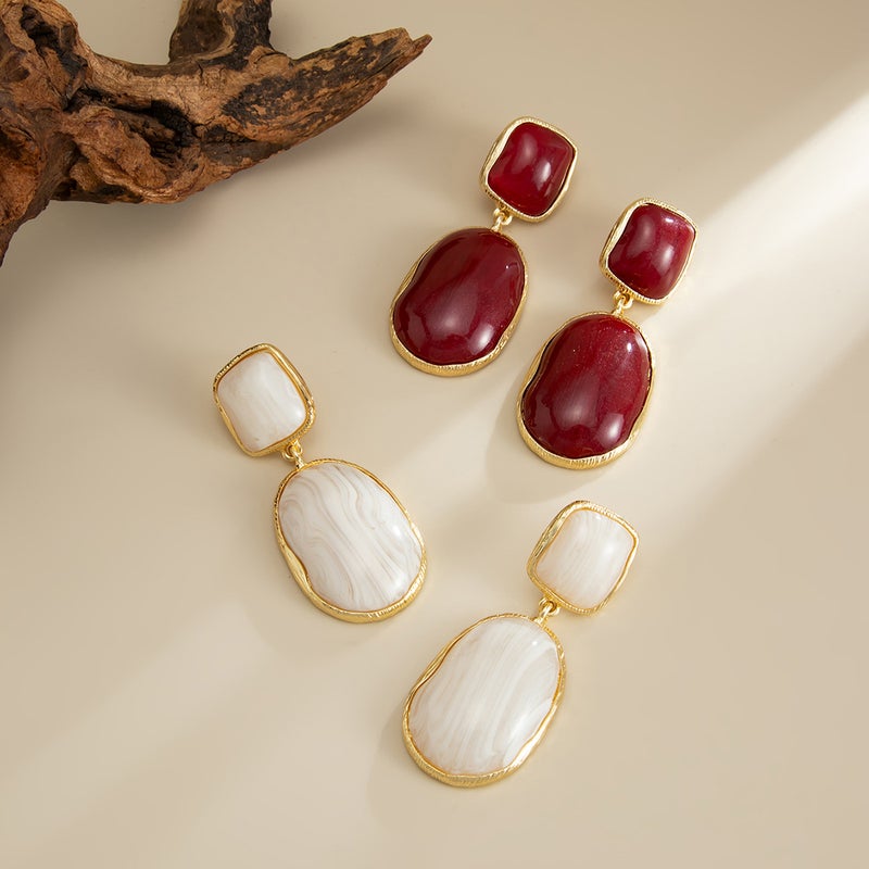 SHIXIN European and American Cross-Border Jewelry: Minimalist Retro Gemstone Pendant Earrings with Geometric Folded Alloy Design - Image 4