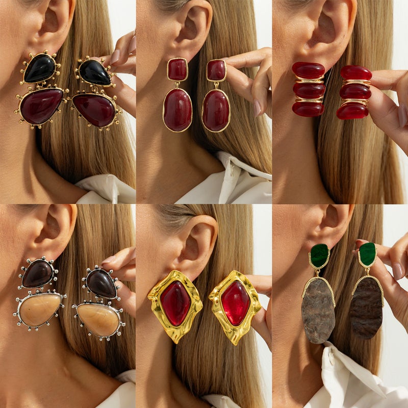 SHIXIN European and American Cross-Border Jewelry: Minimalist Retro Gemstone Pendant Earrings with Geometric Folded Alloy Design - Image 1