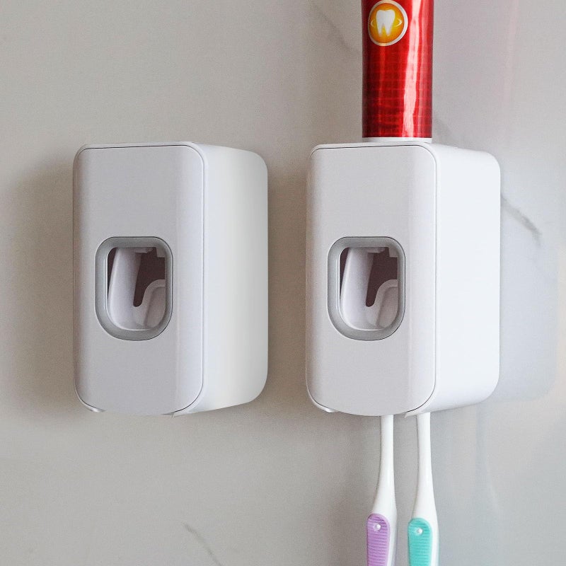 2 Slot Toothbrush Holder and Toothpaste Dispenser Wall Mounted Automatic Toothpaste Squeezer 2 in 1 Tooth Brush Toothpaste Organizer for Shower White 2pack