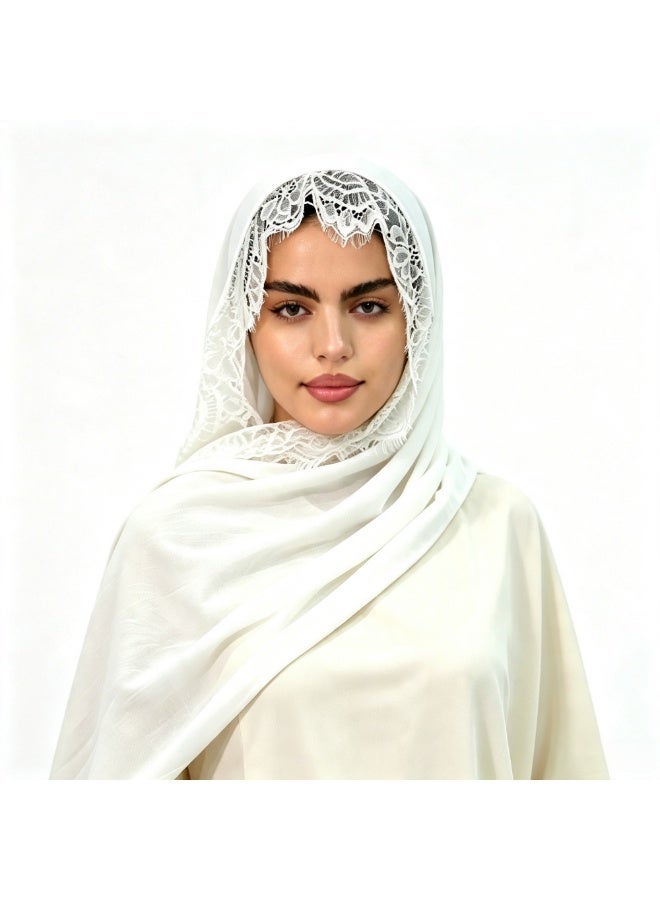 وشاح نسائي من الرايون السادة المزين بالدانتيل: شال وغطاء رأس مساميان - Image 2
