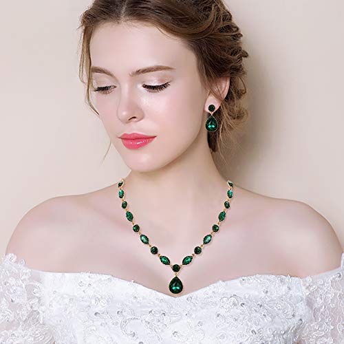EleQueen Women's Wedding Bridal Jewelry Set for Brides Bridesmaids, Crystal Teardrop Necklace Dangle Earrings Jewellery for Party Prom Emerald Color - Image 2