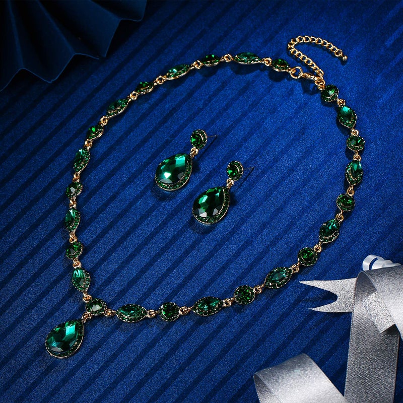 EleQueen Women's Wedding Bridal Jewelry Set for Brides Bridesmaids, Crystal Teardrop Necklace Dangle Earrings Jewellery for Party Prom Emerald Color - Image 4