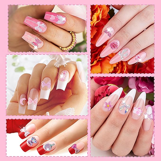 Telooco Aurora Bow Nail Charm 200Pcs 3D Multi Shapes Nail Charms Pink Mix Styles Butterfly Bow Flower Bear Lollipop Heart for Nail Art Decoration DIY Crafts Design Accessories - Image 4