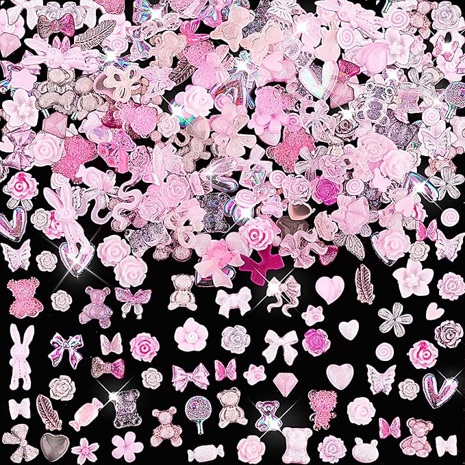 Telooco Aurora Bow Nail Charm 200Pcs 3D Multi Shapes Nail Charms Pink Mix Styles Butterfly Bow Flower Bear Lollipop Heart for Nail Art Decoration DIY Crafts Design Accessories - Image 1