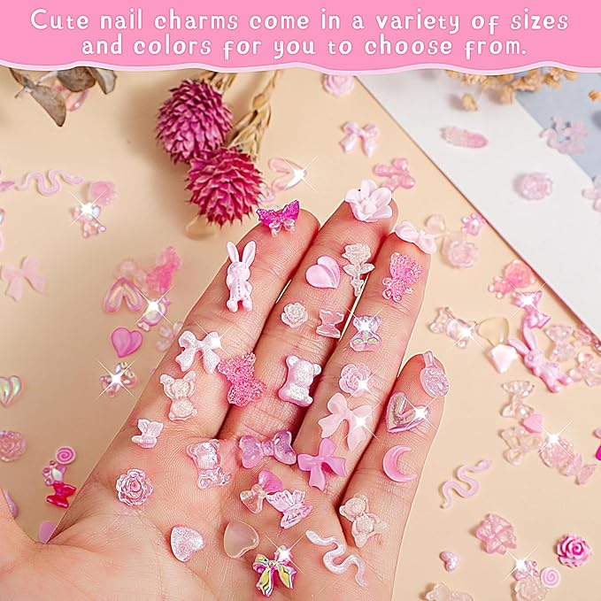 Telooco Aurora Bow Nail Charm 200Pcs 3D Multi Shapes Nail Charms Pink Mix Styles Butterfly Bow Flower Bear Lollipop Heart for Nail Art Decoration DIY Crafts Design Accessories - Image 3
