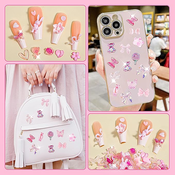 Telooco Aurora Bow Nail Charm 200Pcs 3D Multi Shapes Nail Charms Pink Mix Styles Butterfly Bow Flower Bear Lollipop Heart for Nail Art Decoration DIY Crafts Design Accessories - Image 5