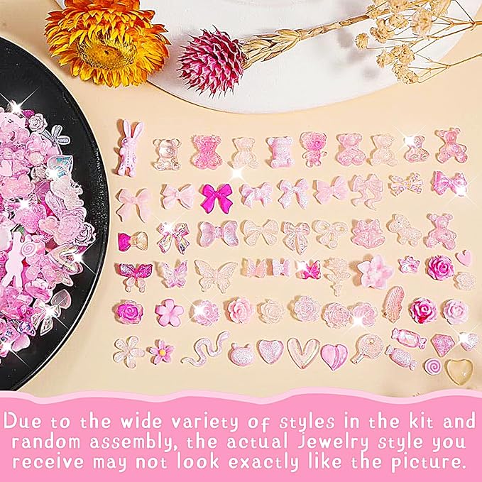 Telooco Aurora Bow Nail Charm 200Pcs 3D Multi Shapes Nail Charms Pink Mix Styles Butterfly Bow Flower Bear Lollipop Heart for Nail Art Decoration DIY Crafts Design Accessories - Image 2