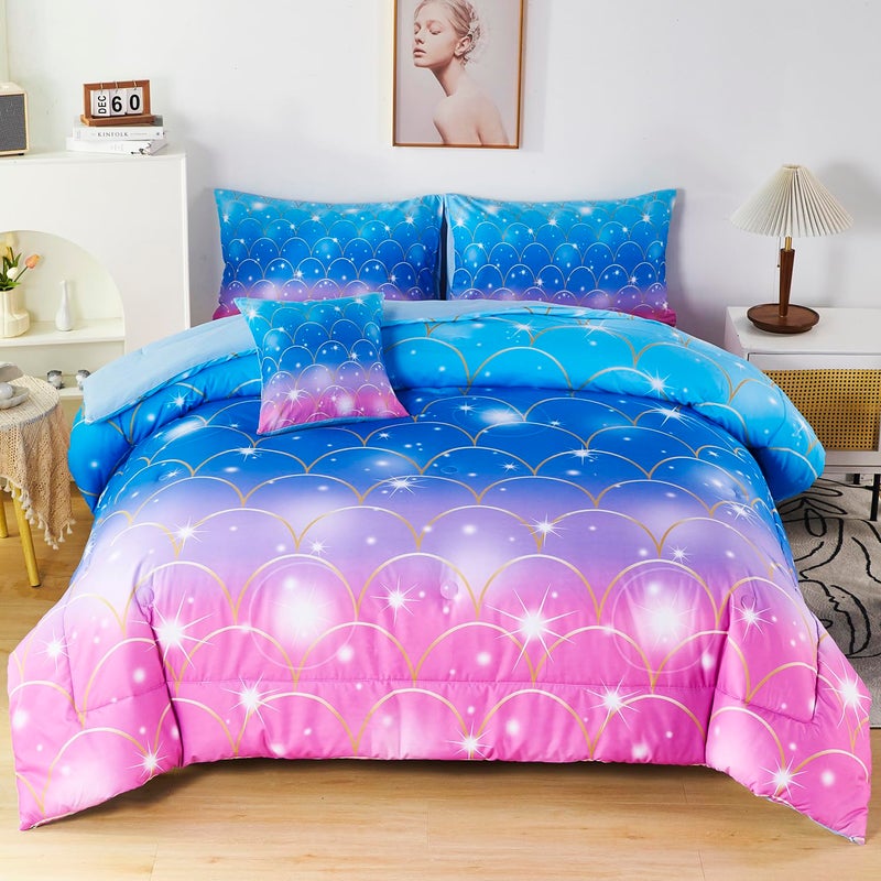 URBONUR URBONUR 6Pcs Queen Comforter Set for Girls Pink Blue Mermaid Scales Sparkling Colorful Bed Sets Soft Lightweight Girl Bedding Set 
