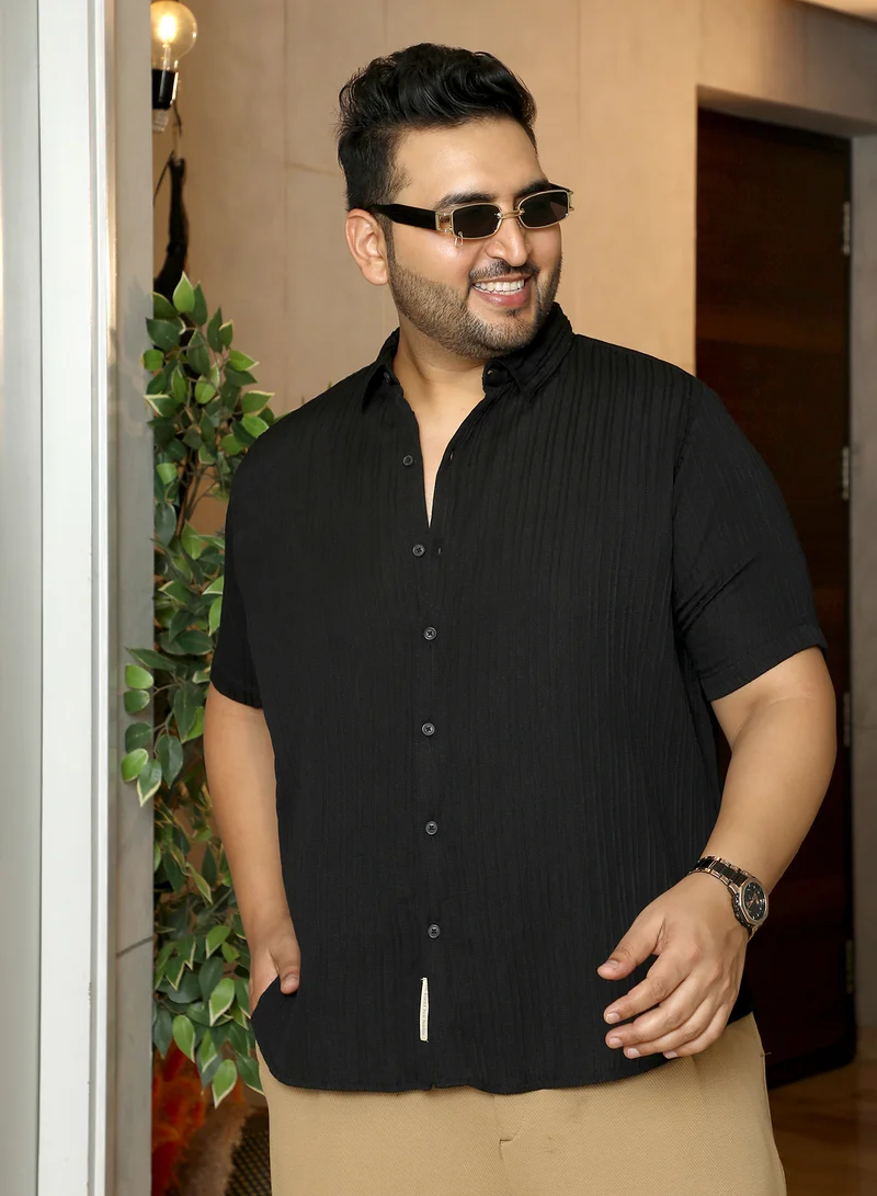 Instafab Plus Instafab Plus Men's Onyx Black Self-Design Striped Shirt | Spread Collar , Short Regular Sleeves , Button Closure , Curved Hemline | Solid Textured Polyester Blend Material For Street & Casual Wear