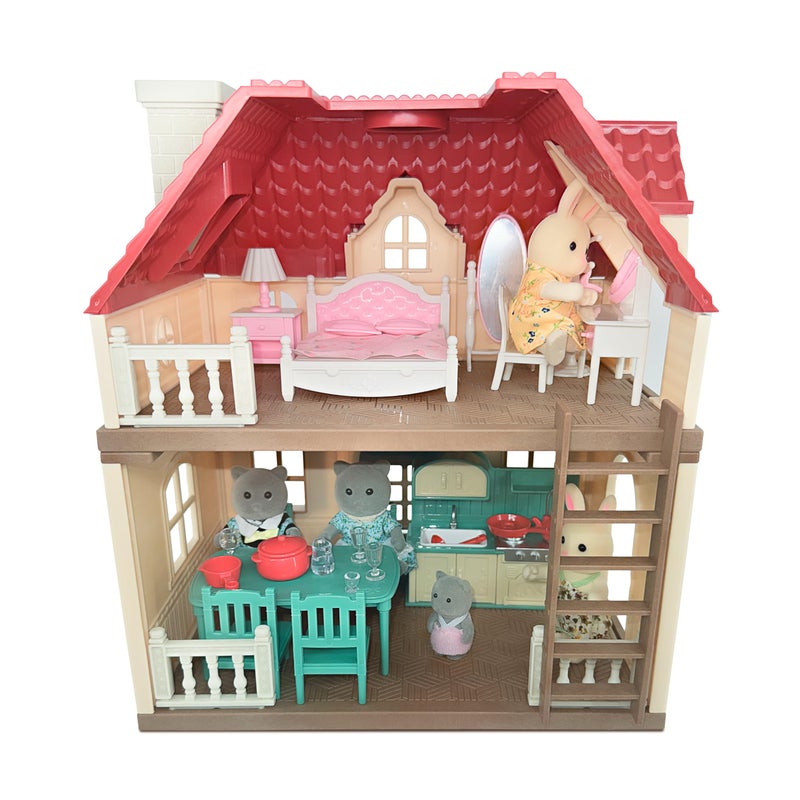 OLEOCA Family Cottage Doll House â€” 2-Story Country Cottage with Dining Set & Bunny Figure, Complete Dollhouse Playset for Creative Pretend Play, Gift for Kids Ages 3+ - Image 1