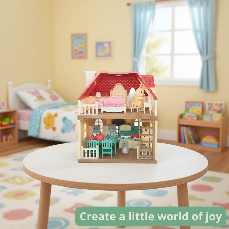OLEOCA Family Cottage Doll House â€” 2-Story Country Cottage with Dining Set & Bunny Figure, Complete Dollhouse Playset for Creative Pretend Play, Gift for Kids Ages 3+ - Image 4