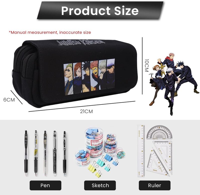Fancyku Jujutsu Kaisen Polyester Pencil Case, Anime Pencil Pouch, Cartoon Prints Pen Pouch, Large Capacity Pu Pencil Bag Stationery Organizer, Students Gift Children's Day Gift School Gift (Black) - Image 2
