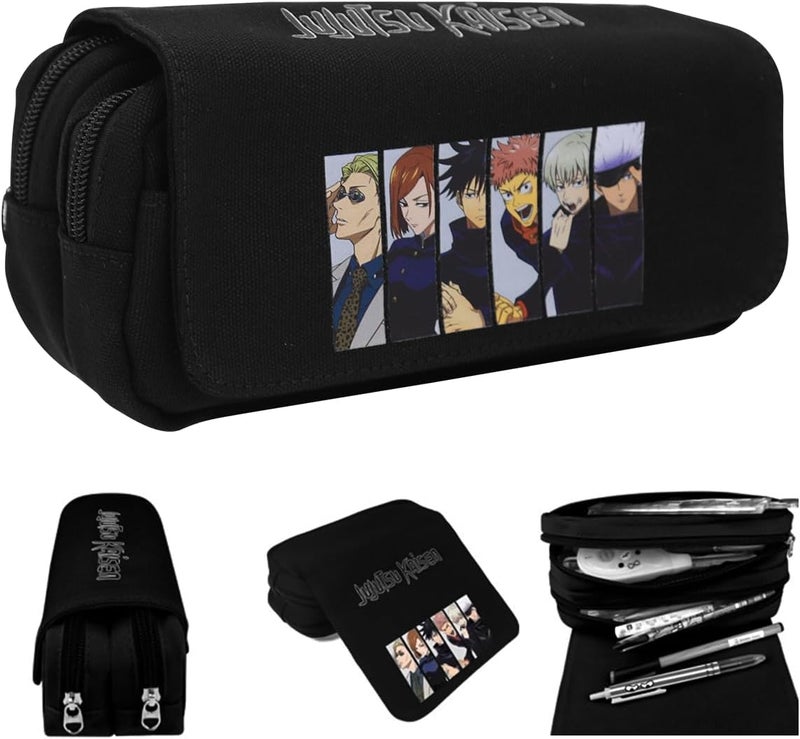 Fancyku Jujutsu Kaisen Polyester Pencil Case, Anime Pencil Pouch, Cartoon Prints Pen Pouch, Large Capacity Pu Pencil Bag Stationery Organizer, Students Gift Children's Day Gift School Gift (Black) - Image 1