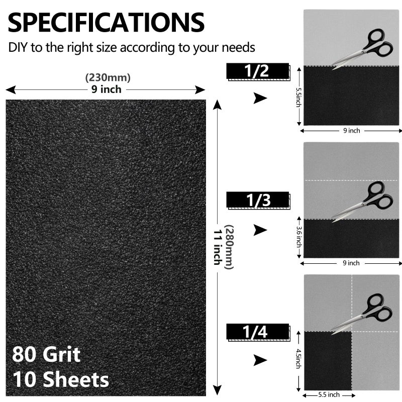 Shineboc 80 Grit Sandpaper, 9 x 11 Inch Wet Dry Sand Paper Hand Abrasive Sanding Sheets for Wood Metal Automotive Sanding and Polishing, Coarse - 10 Sheets - Image 2
