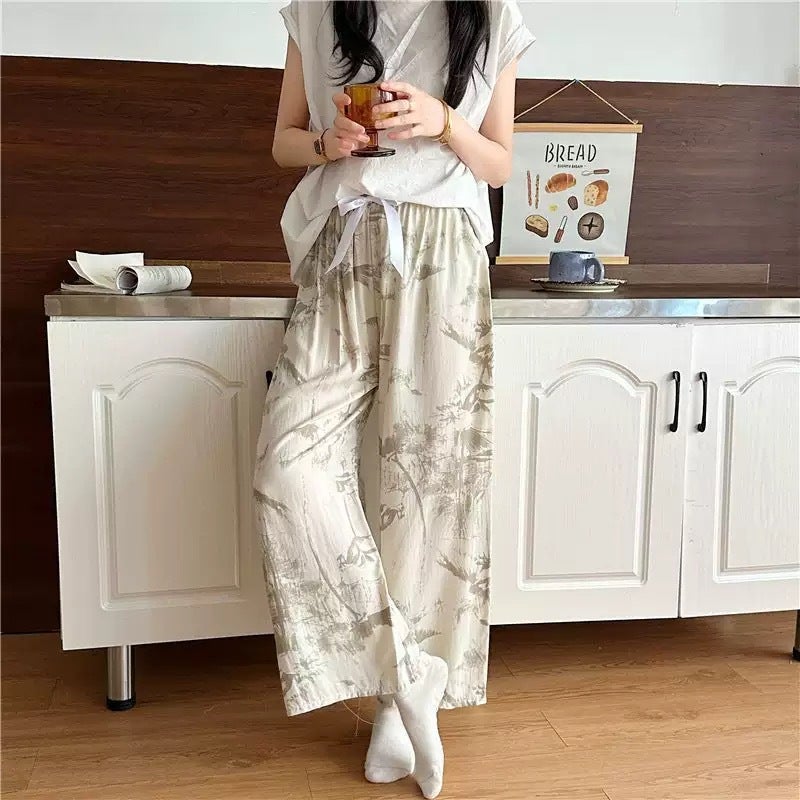 Cotton Silk Casual Pants for Women, Summer Artificial Cotton Thin Wide-Leg Pants, Spring  Fall Wearable Loose Home Printed Pajamas, New Lotus on gray background 