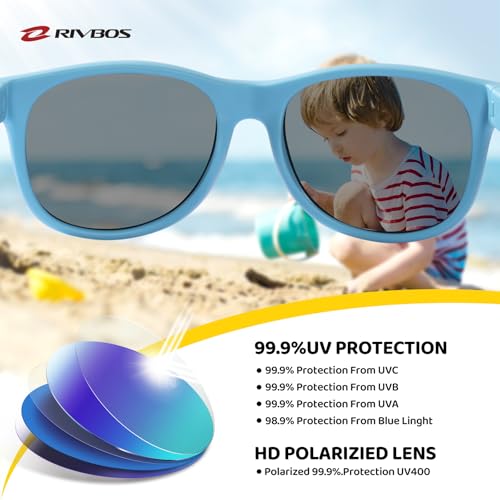 RIVBOS Kids Sunglasses with Strap Polarized UV Protection Flexible Rubber Shades for Boys Girls Age 3-10 RBK004-2 Light Blue - Image 3