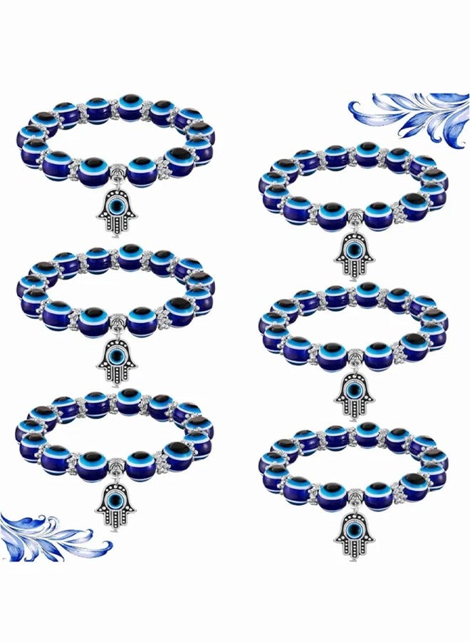 6 Pieces Eye Beaded Charm Bracelets Blue Eye Bead Stretch Bracelet Hand of Fatima Turkish Lucky Bracelet for Women Men for Protection and Blessing (Blue 8 mm+ 10 mm) - Image 1
