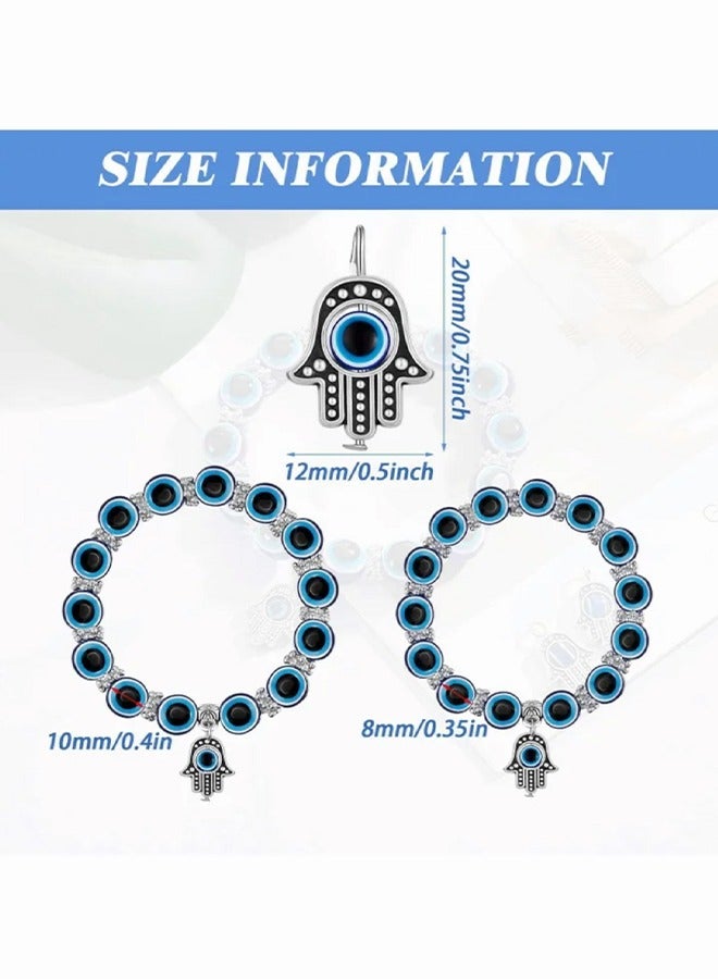 6 Pieces Eye Beaded Charm Bracelets Blue Eye Bead Stretch Bracelet Hand of Fatima Turkish Lucky Bracelet for Women Men for Protection and Blessing (Blue 8 mm+ 10 mm) - Image 2