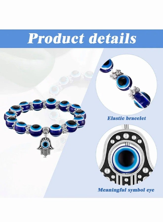 6 Pieces Eye Beaded Charm Bracelets Blue Eye Bead Stretch Bracelet Hand of Fatima Turkish Lucky Bracelet for Women Men for Protection and Blessing (Blue 8 mm+ 10 mm) - Image 3