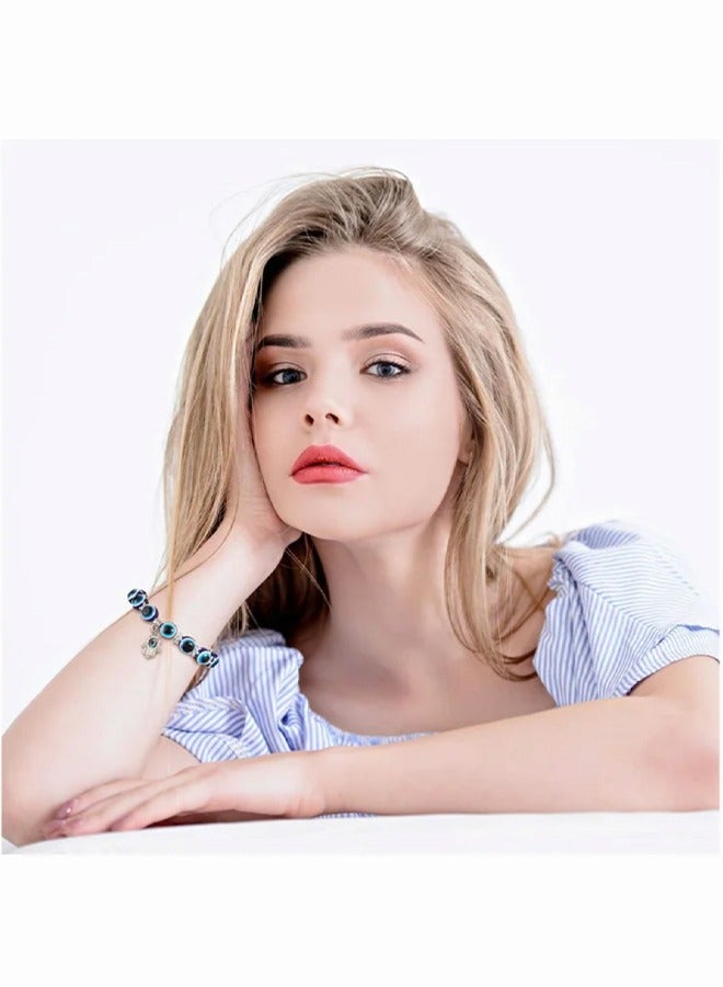 6 Pieces Eye Beaded Charm Bracelets Blue Eye Bead Stretch Bracelet Hand of Fatima Turkish Lucky Bracelet for Women Men for Protection and Blessing (Blue 8 mm+ 10 mm) - Image 5