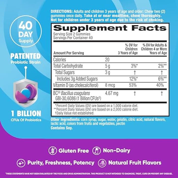Digestive Advantage Probiotics For Digestive Health, Probiotic Gummies & Vit D, Daily Probiotics For Women &Men Occasional Bloating, Minor Abdominal Discomfort & Gut Health, 80ct Natural Fruit Flavors - Image 4