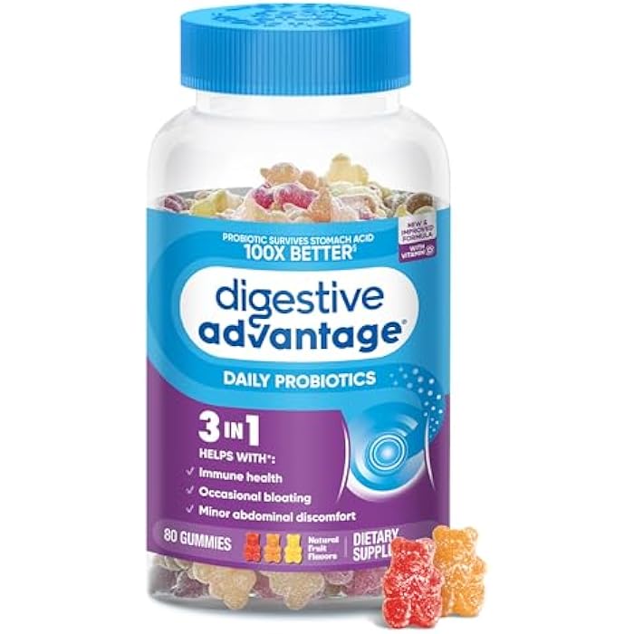 Digestive Advantage Probiotics For Digestive Health, Probiotic Gummies & Vit D, Daily Probiotics For Women &Men Occasional Bloating, Minor Abdominal Discomfort & Gut Health, 80ct Natural Fruit Flavors - Image 1