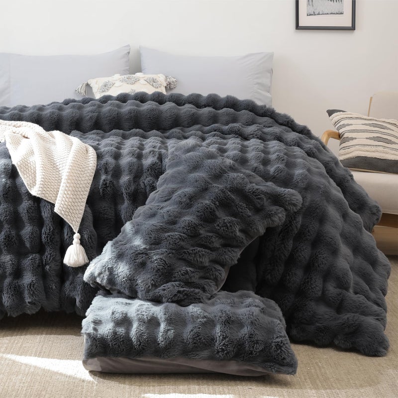 YIKUSH Dark Gray Comforter Set Queen â€“ Ultra Soft & Warm Faux Fur Comforter for Winter, Elegant Fluffy Comforter Queen Set with Pillowcases, Cozy Gray Queen Bedding Set - Image 5